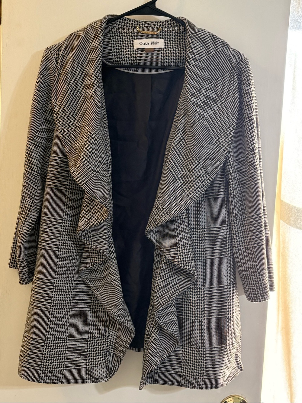 Calvin Klein Black & White Houndstooth And Glen Plaid Draped Open-Front Jacket
